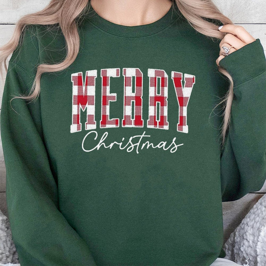 Merry Christmas Sweatshirt | Red Plaid Buffalo Check Design | Cotton-Poly Premium Blend | Holiday Gift For Men And Women
