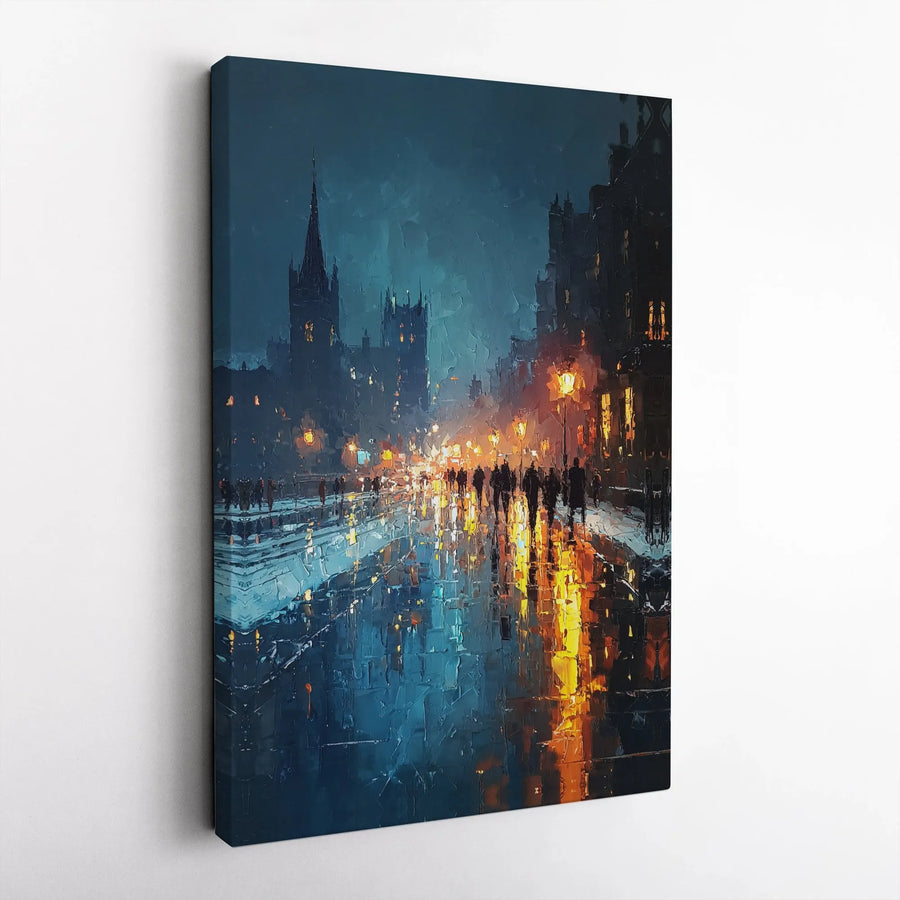 Rainy Cityscape Canvas Print | Textured Impressionist City Night Art | Premium Gallery Wrapped Canvas | Modern Home & Office Decor Gift