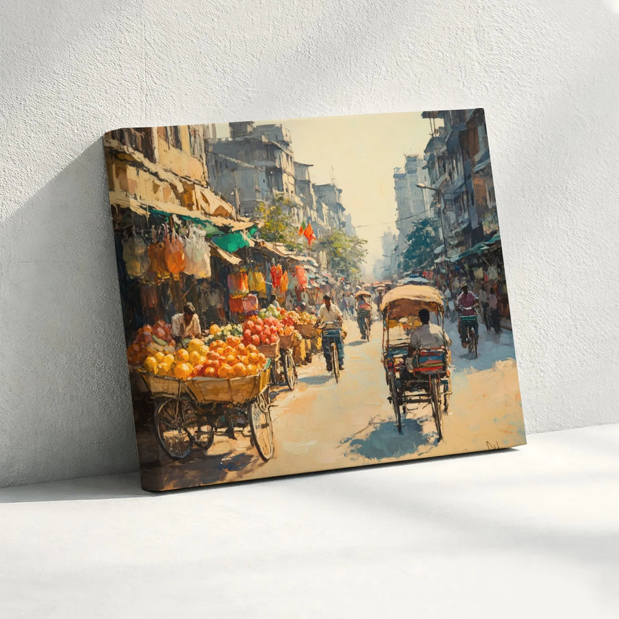 Indian Street Market Canvas Art | Impressionist Cityscape Print | Gallery-Quality 1.25" Thick Frame | Cultural Travel Home Decor Gift