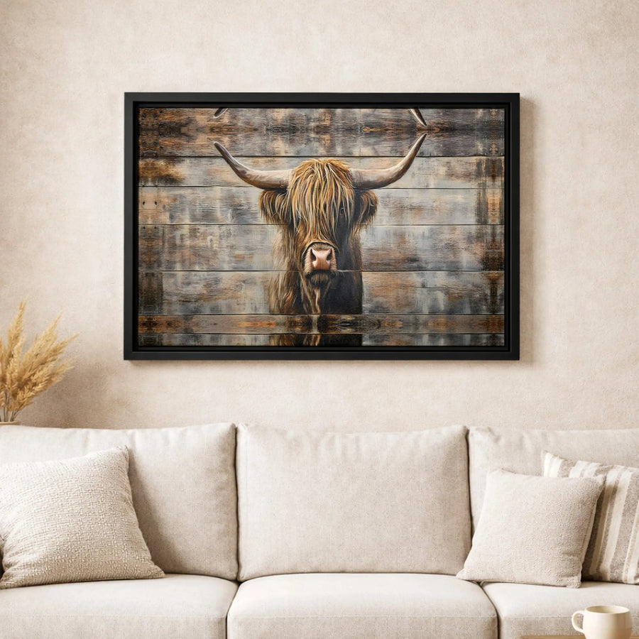 Highland Cow Canvas Print | Rustic Farmhouse Wood Texture Wall Art | Premium Gallery Wrapped Decor | Gift For Farm Animal Lovers