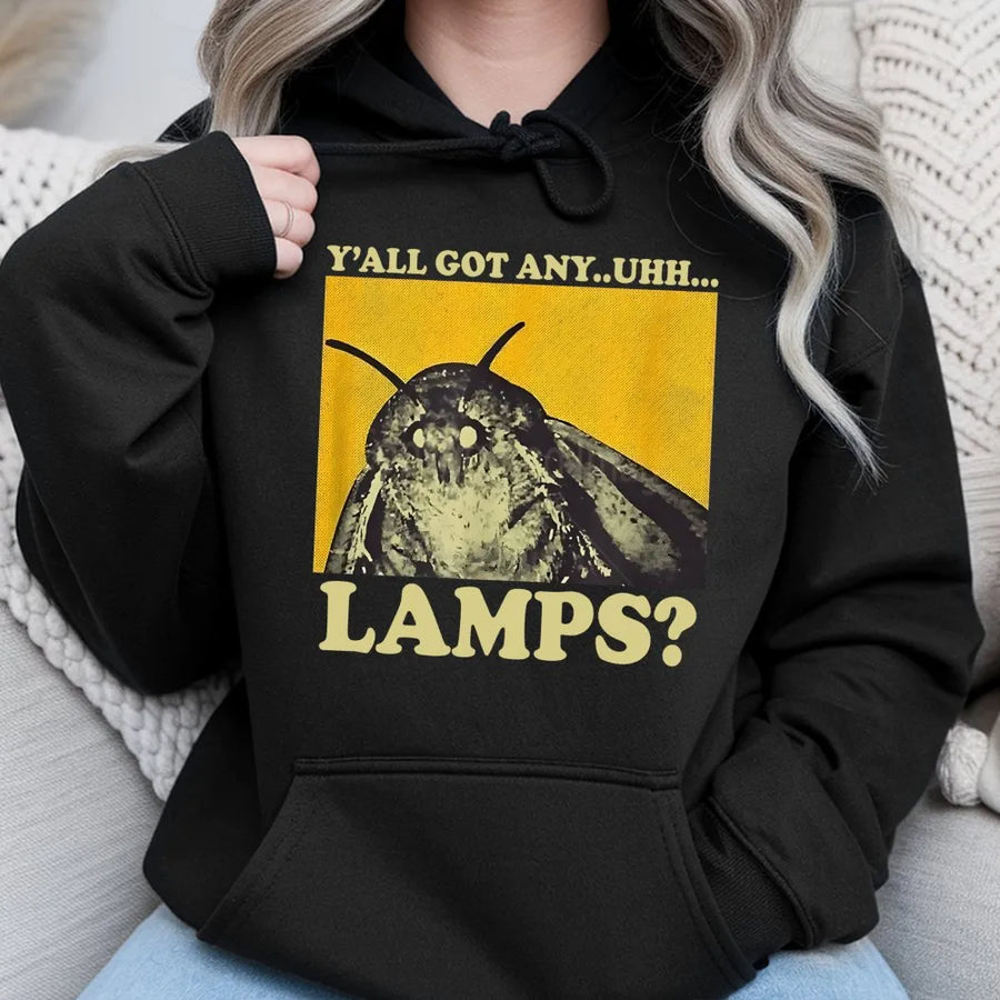 Moth Lamp Meme Hoodie | Y'all Got Any Uhh Lamps Funny Graphic | Premium Cotton Blend Pullover | Unisex Internet Culture Gift For Gamers