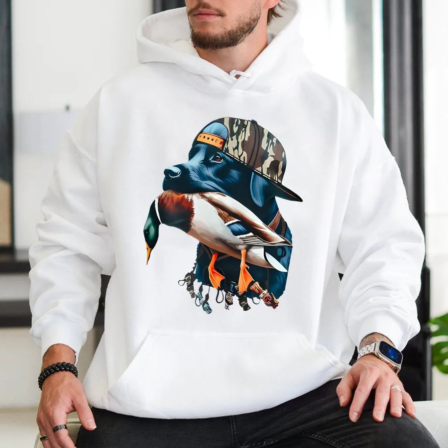 Hunting Dog Duck Hoodie | Camo Hat Lab Retriever Graphic | Premium Cotton Blend | Gift for Waterfowl Hunters and Outdoor Enthusiasts