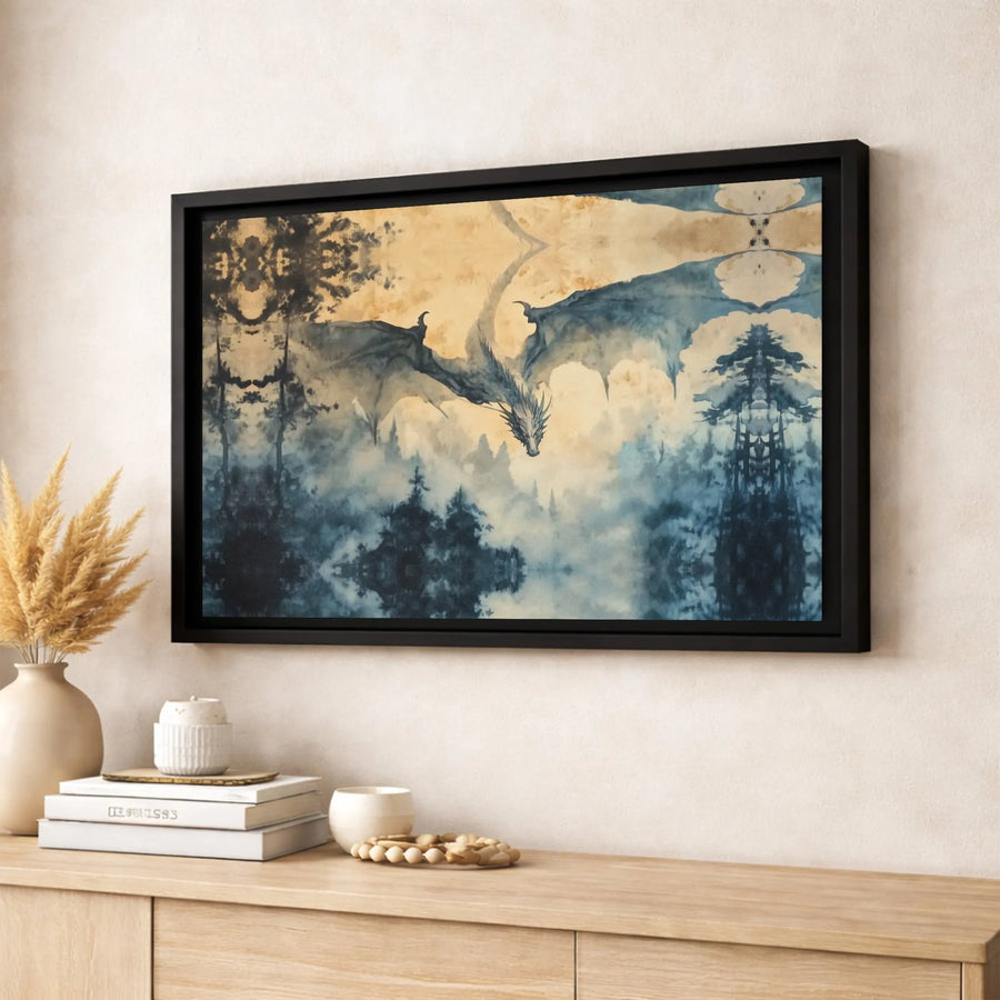 Dragon Canvas Wall Art | Watercolor Misty Forest Landscape | Premium 1.25 Inch Gallery Wrap | Fantasy Home Decor Gift