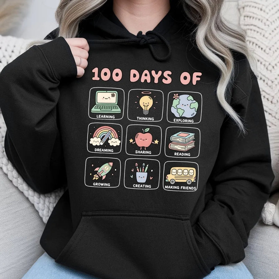 100 Days Of School Hoodie | Cute Kawaii Classroom Icons Design | Premium Cotton Blend | Teacher And Student Celebration Gift