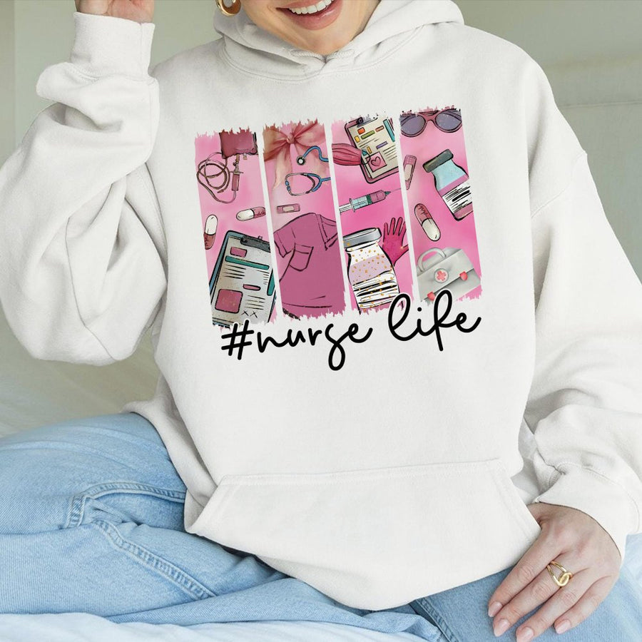 Nurse Life Hoodie | Pink Medical Supplies Aesthetic Design | Premium Cotton-Poly Blend | Cute Gift for Nurses and Nursing Students