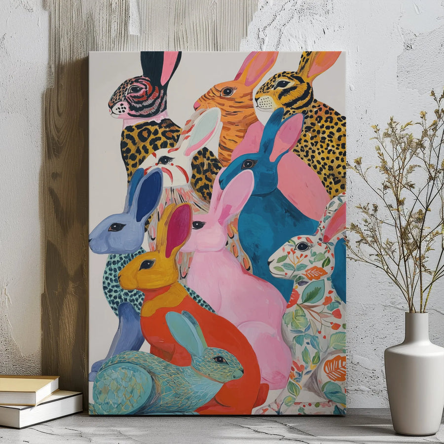 Colorful Rabbit Wall Art | Whimsical Patterned Animal Portrait | Premium Gallery Wrap Canvas | Eclectic Home Decor Gift for Animal Lovers