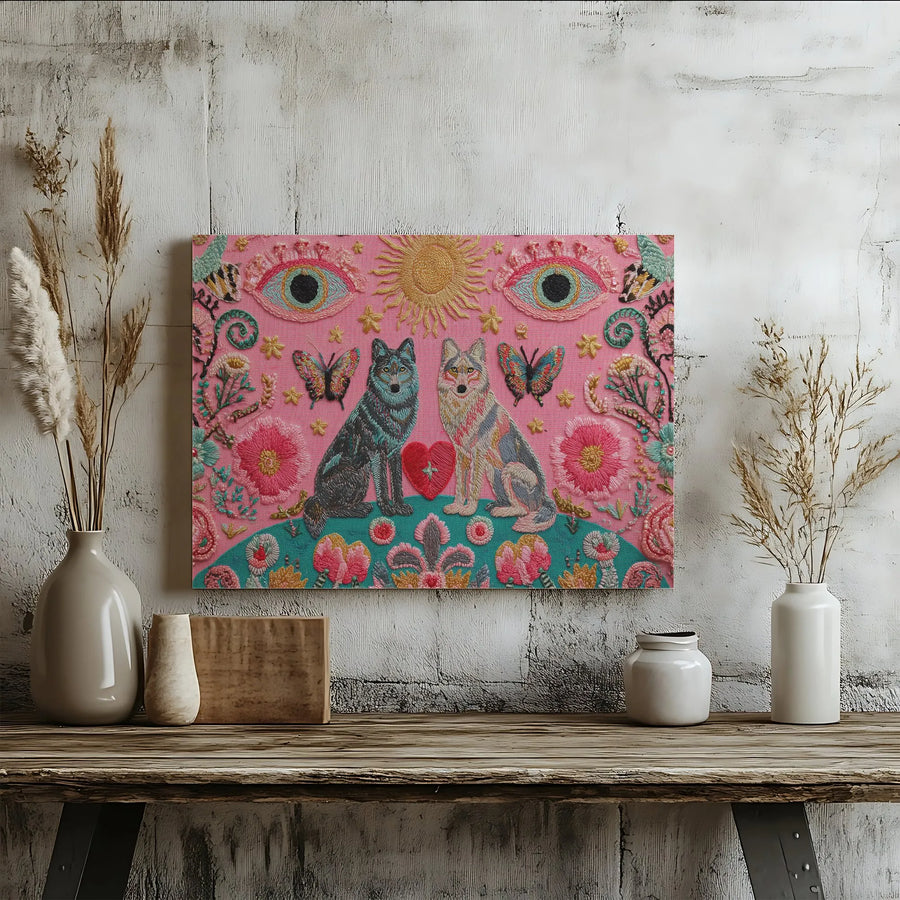 Two Wolves Canvas Art | Mystical Folk Art Embroidery Style | 1.25" Gallery Wrap Premium Print | Bohemian Home Decor Gift For Wildlife Lovers