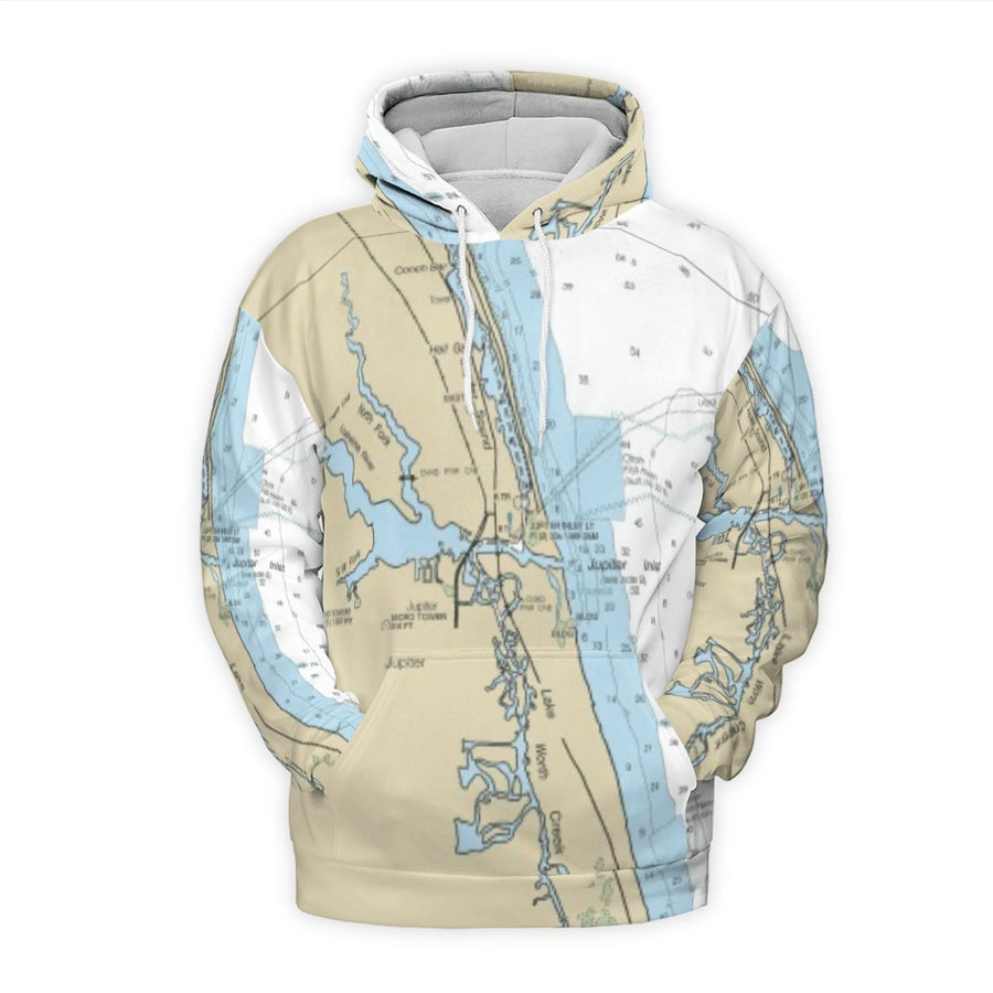 Jupiter Inlet Nautical Chart 3D Hoodie | Florida Map Print All-Over Design | Premium Polyester Knit | Boating & Sailing Gift for Men Women
