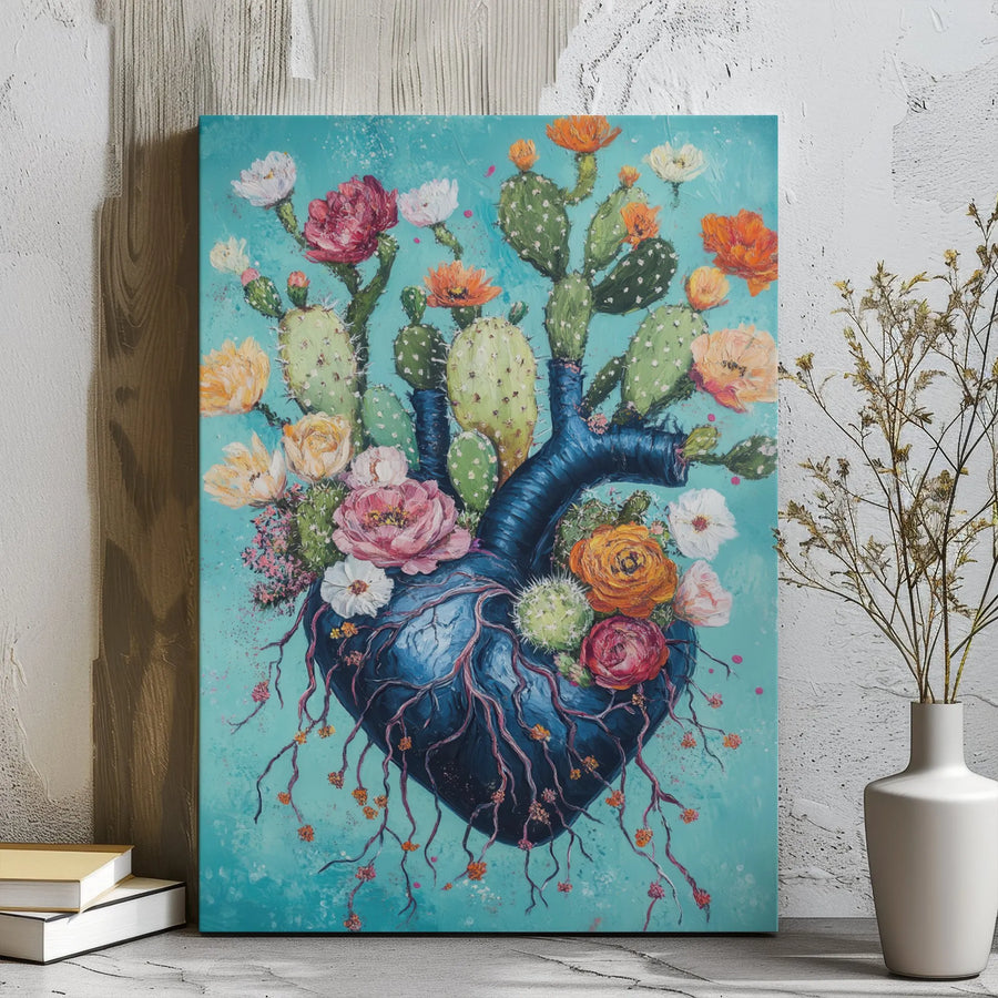 Anatomical Heart Canvas Art | Botanical Cactus Desert Flower Wall Decor | Premium 1.25 Inch Gallery Wrap | Unique Floral Gift for Her