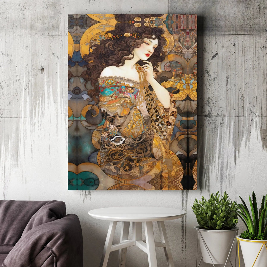 Art Nouveau Woman Portrait Canvas | Elegant Gold Floral Wall Art | Premium Gallery Wrapped Print | Sophisticated Home Decor Gift