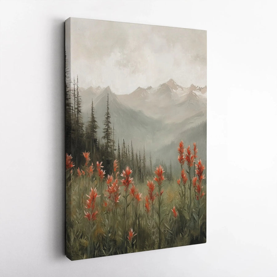 Mountain Wildflower Vertical Canvas | Vintage Landscape Painting with Red Flowers | Premium Frameless Gallery Canvas | Rustic Cabin Wall Decor Gift