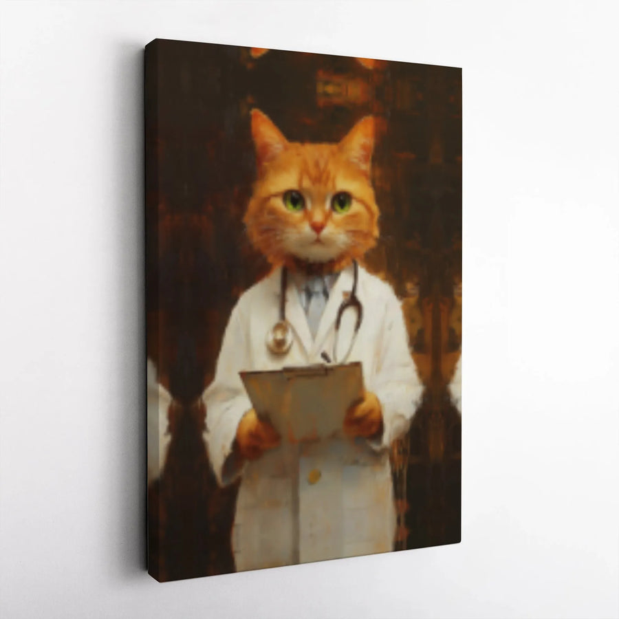 Orange Cat Doctor Canvas Wall Art | Whimsical Ginger Kitten Physician Portrait | Premium Gallery Wrap Print | Funny Veterinarian Office Decor Gift