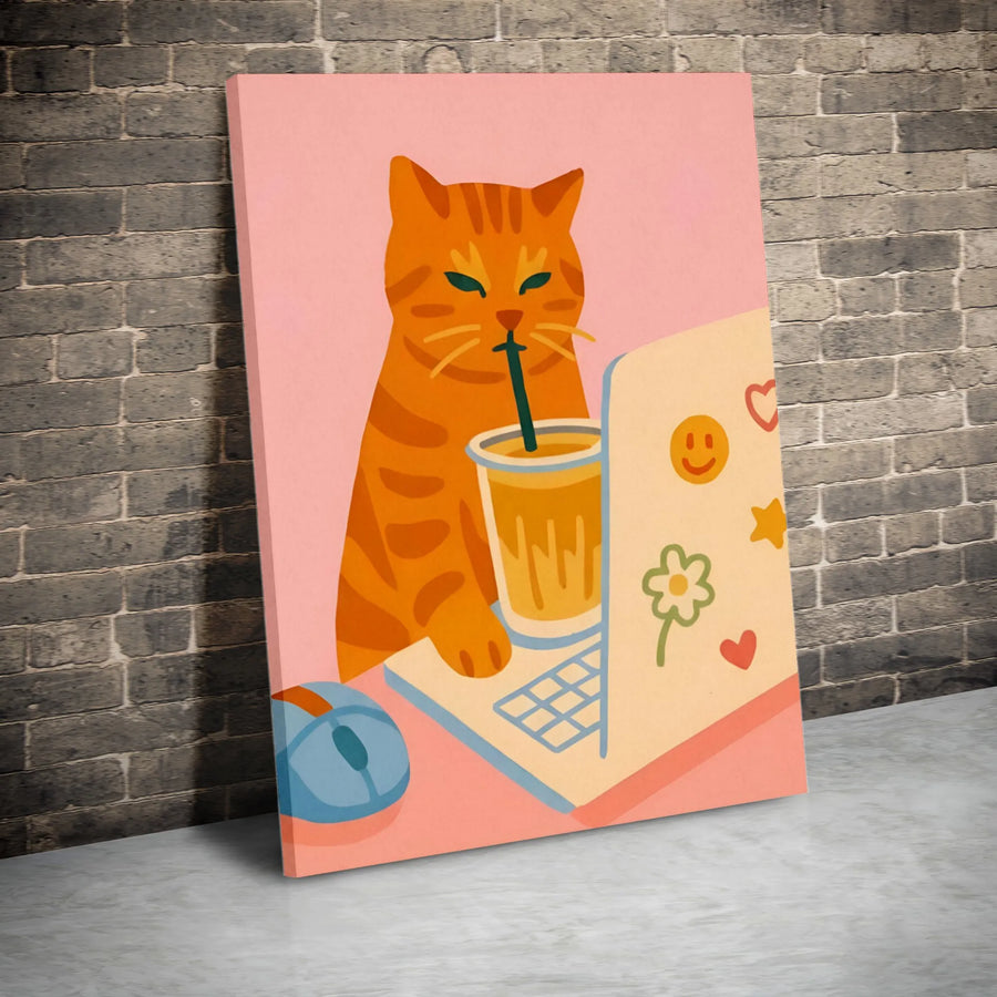 Ginger Cat Wall Art | Cute Laptop Working Illustration | Premium Gallery Wrapped Canvas | Office Decor Gift for Cat Lovers