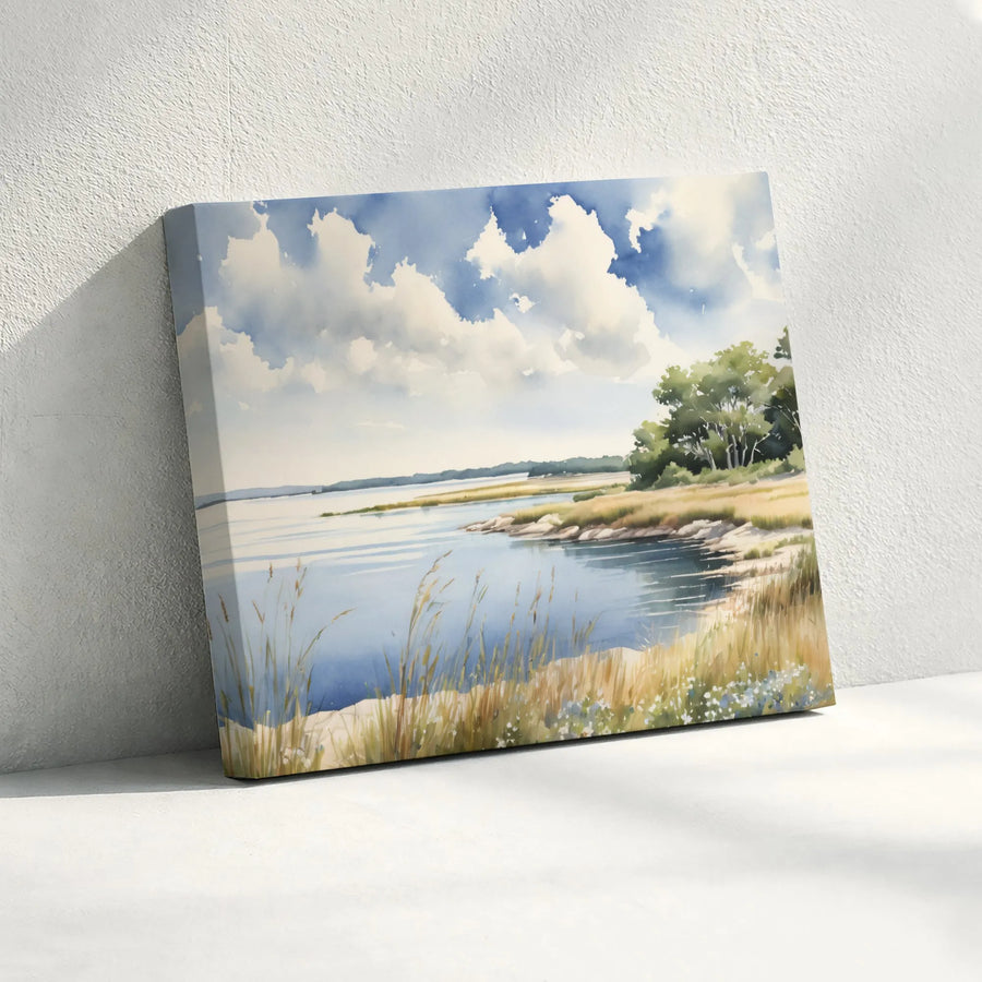Coastal Landscape Canvas Print | Serene Watercolor Bay Painting | Premium Thick Profile Wall Art | Beach House Decor Gift