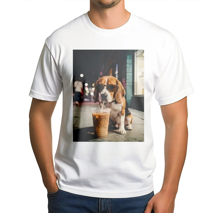 Funny Dog Iced Coffee T-Shirt | Beagle Wearing Sunglasses Graphic | Premium Cotton Blend Pullover | Gift for Dog Mom, Coffee Lover