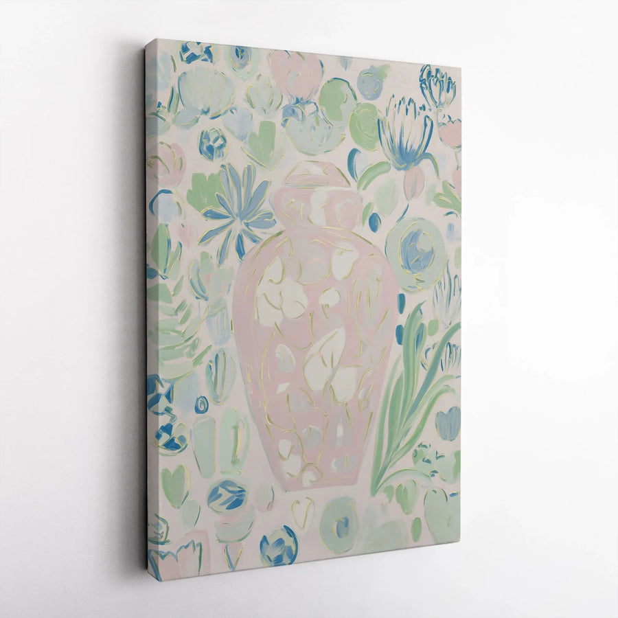 Pastel Floral Vase Canvas Print | Impressionist Ginger Jar Art | Premium Gallery Wrapped Canvas | Grandmillennial Living Room Decor