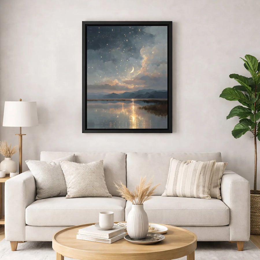 Starry Night Lake Canvas Print | Crescent Moon Mountain Landscape Wall Art | Gallery Quality Premium Decor | Serene Nature Artwork for Home Office