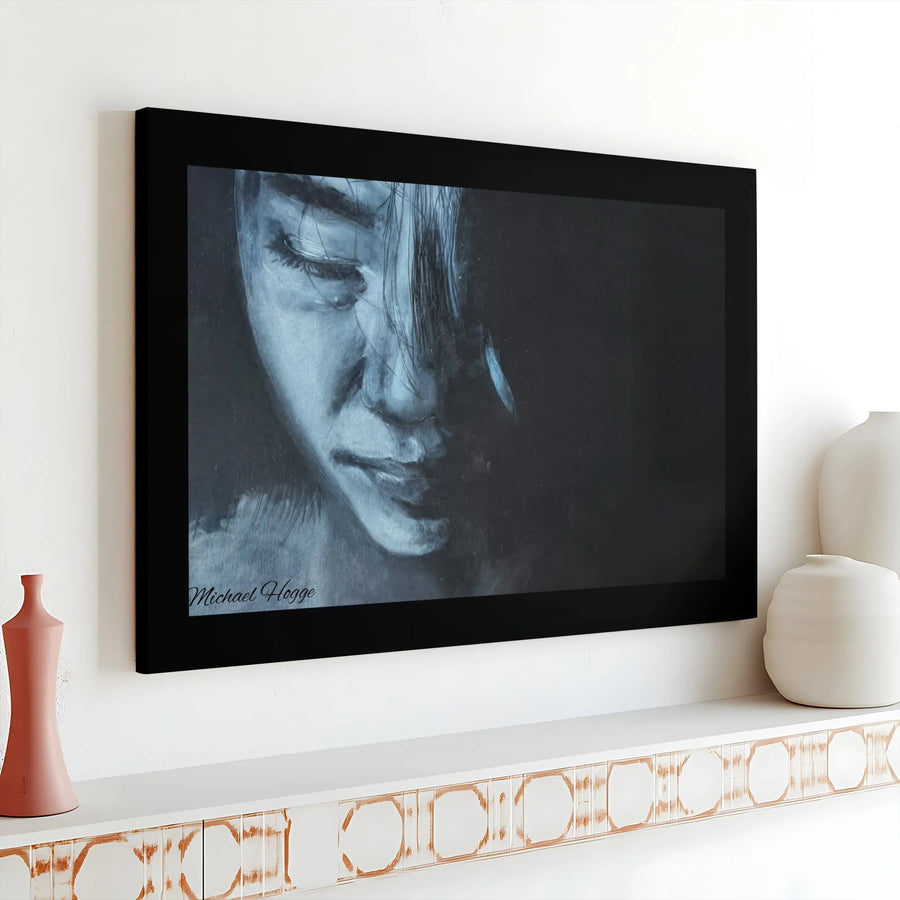 Woman Portrait Canvas Wall Art | Moody Black and White Charcoal Sketch | Gallery Wrapped Premium Print | Artistic Home and Office Decor
