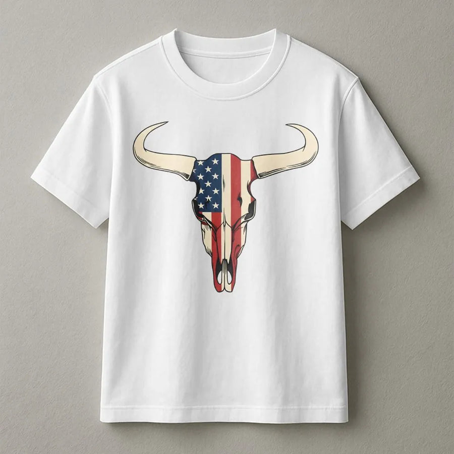 American Flag Bull Skull T-Shirt | Patriotic Western Cowboy Graphic | 100% Cotton Premium Tee | Country Ranch Gift For Men Women