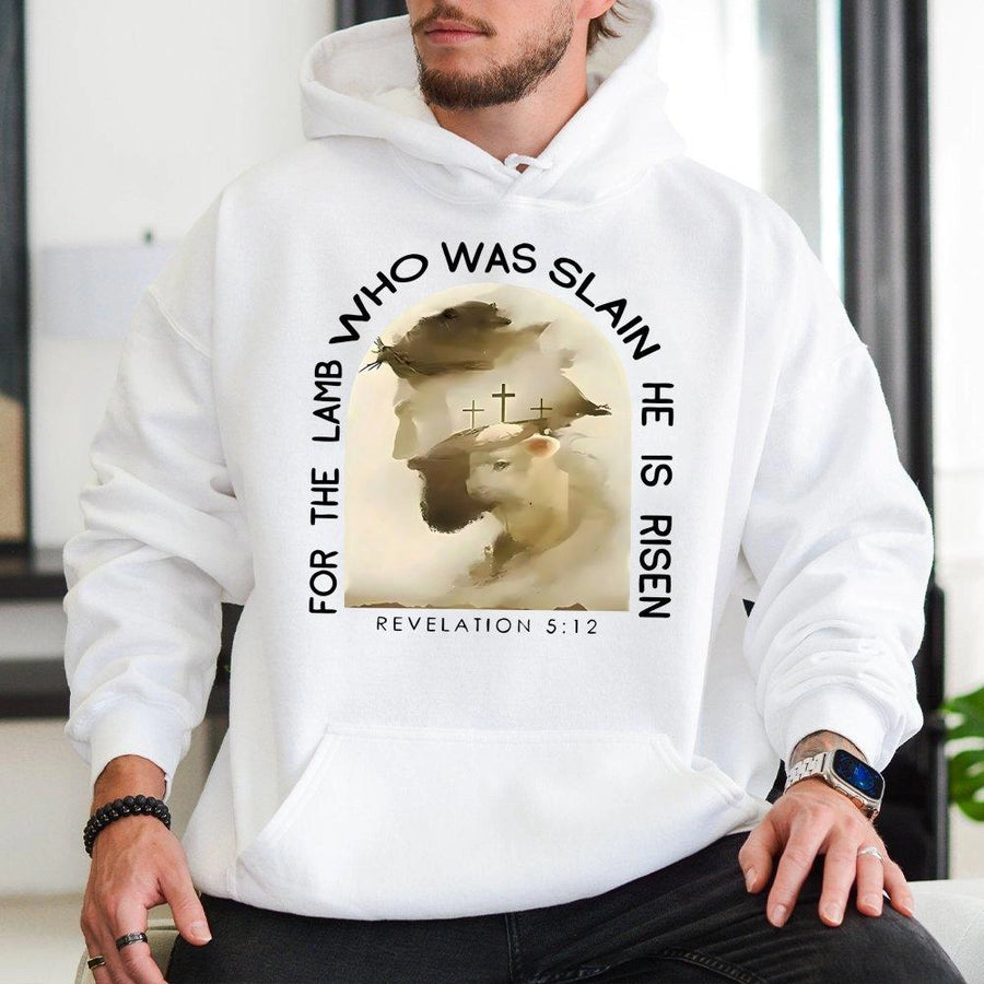 Lamb Who Was Slain Hoodie | Revelation 5:12 Bible Verse Graphic | Premium Cotton Blend | Christian Religious Faith Gift for Men and Women