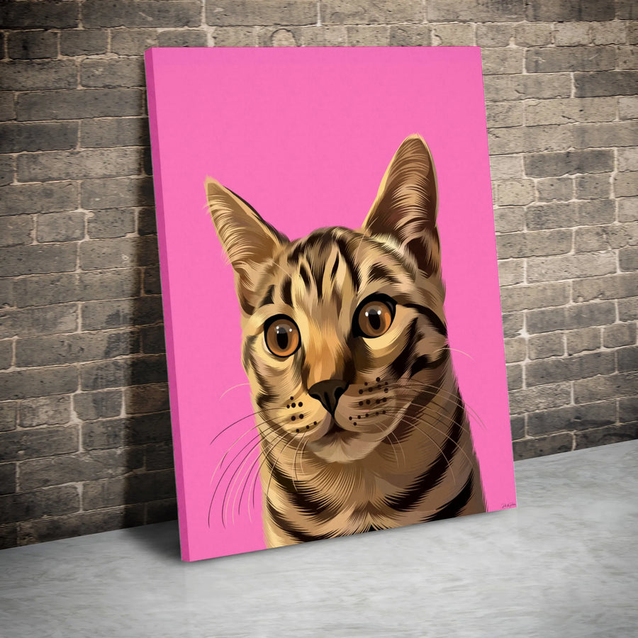 Pop Art Tabby Cat Vertical Canvas | Modern Pet Portrait on Pink | Premium 1.25" Thick Gallery Wrap | Collector's Gift for Cat Lovers