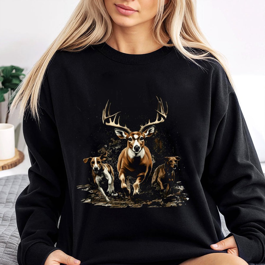 Hunting Sweatshirt | Running Buck and Hound Dogs Graphic | Premium Cotton Blend | Gift for Hunter and Wildlife Lover