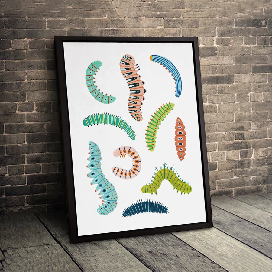 Colorful Caterpillar Wall Art | Whimsical Insect Illustration Print | Premium Gallery Wrapped Canvas | Nature Nursery Decor Gift