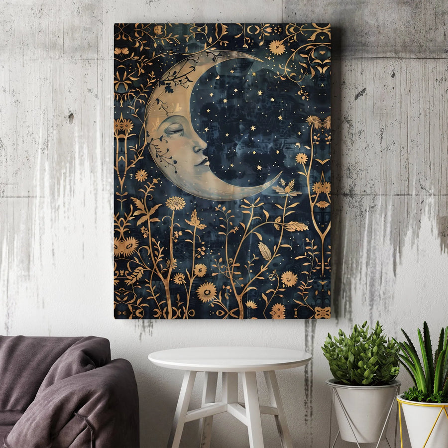 Celestial Moon Canvas Wall Art | Sleeping Crescent Moon with Gold Floral Detail | Premium Fade-Resistant Gallery Wrap | Boho Home Decor Gift