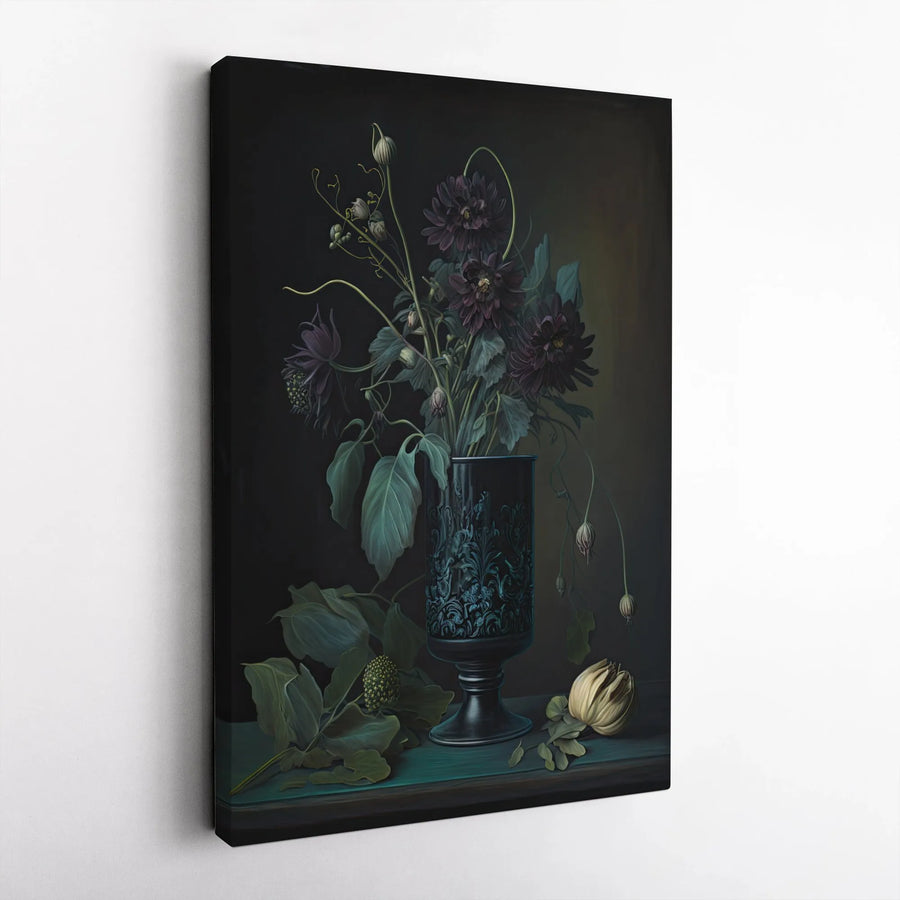 Dark Floral Vertical Canvas | Vintage Botanical Still Life Painting | Premium Gallery Wrapped Art | Moody Gothic Home Decor Gift