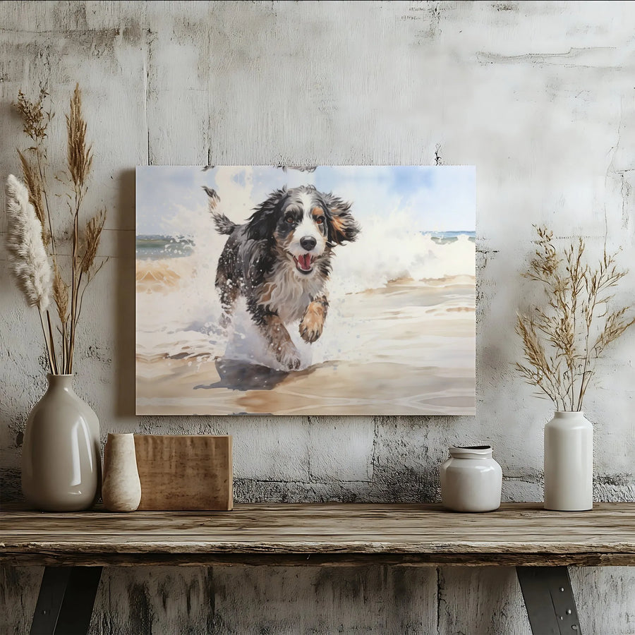 Australian Shepherd Canvas Wall Art | Watercolor Painting of Dog on Beach | Premium Fade-Resistant Print | Gift for Dog Lover & Coastal Home Decor