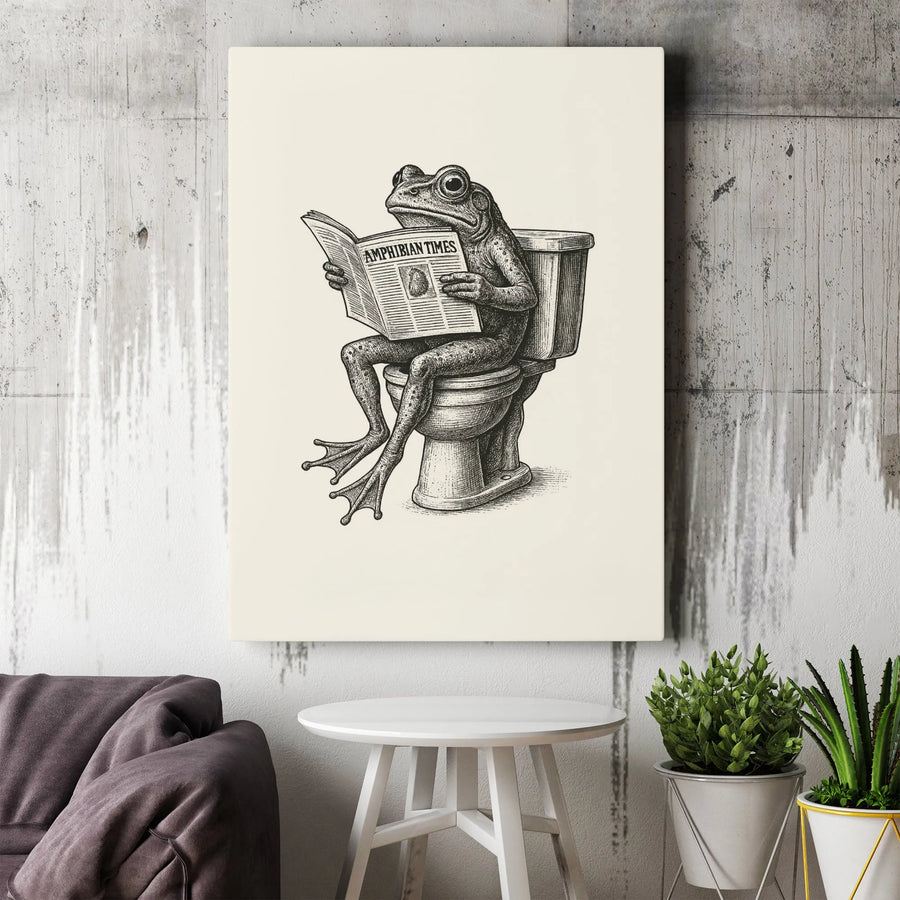 Frog on Toilet Canvas Print | Amphibian Reading Newspaper Illustration | Premium Gallery Canvas | Funny Bathroom Wall Decor Gift