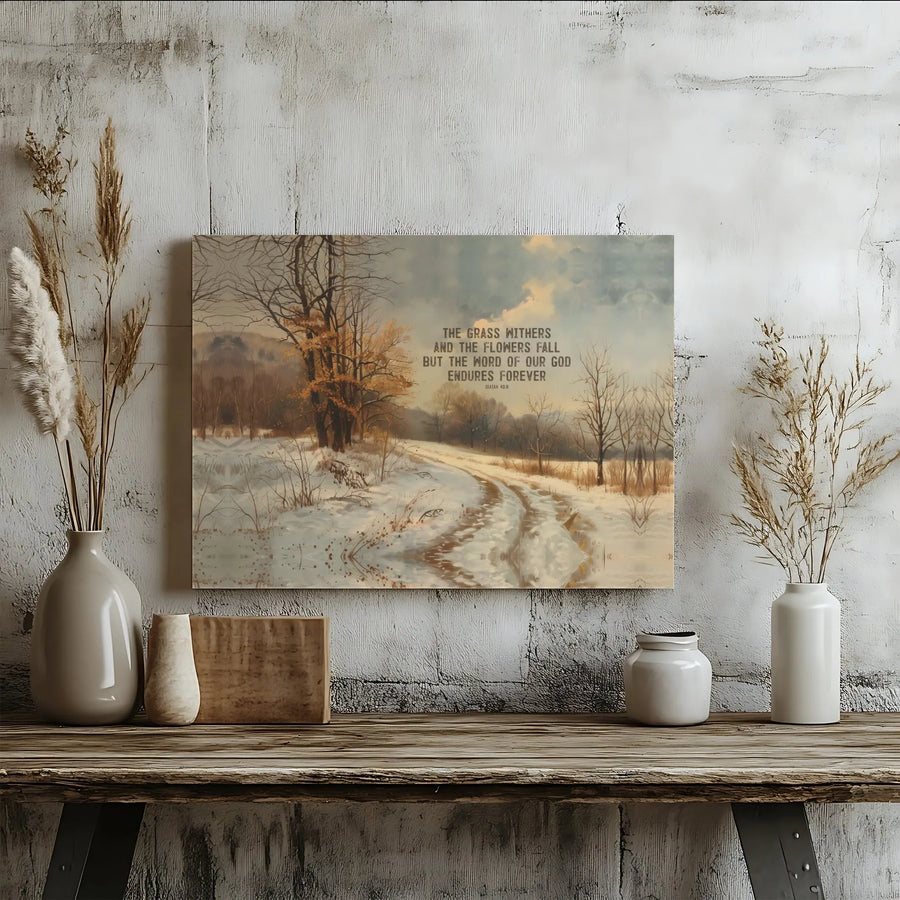 Isaiah 40:8 Bible Verse Wall Art | Winter Landscape Scripture Print | Premium Gallery Wrapped Canvas | Faithful Christian Home Decor Gift