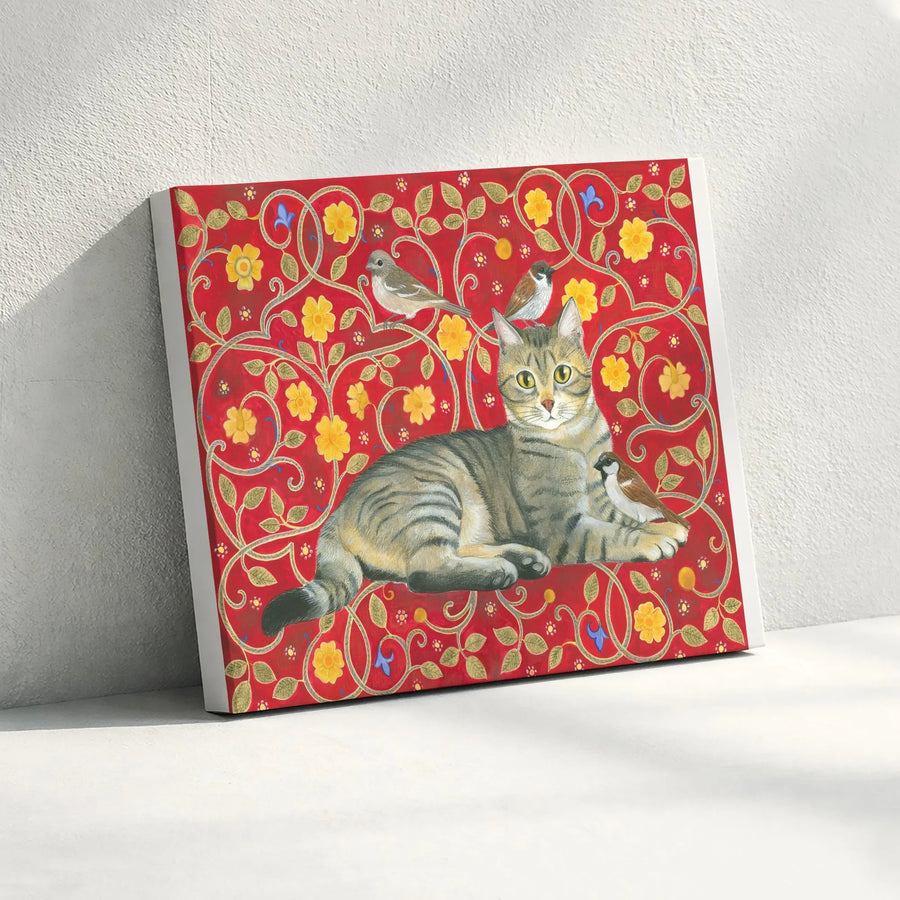 Medieval Cat and Birds Canvas Art | Vintage Tapestry Style Painting with Floral Pattern | Premium Gallery Quality Print | Unique Home Decor Gift for Cat Lover
