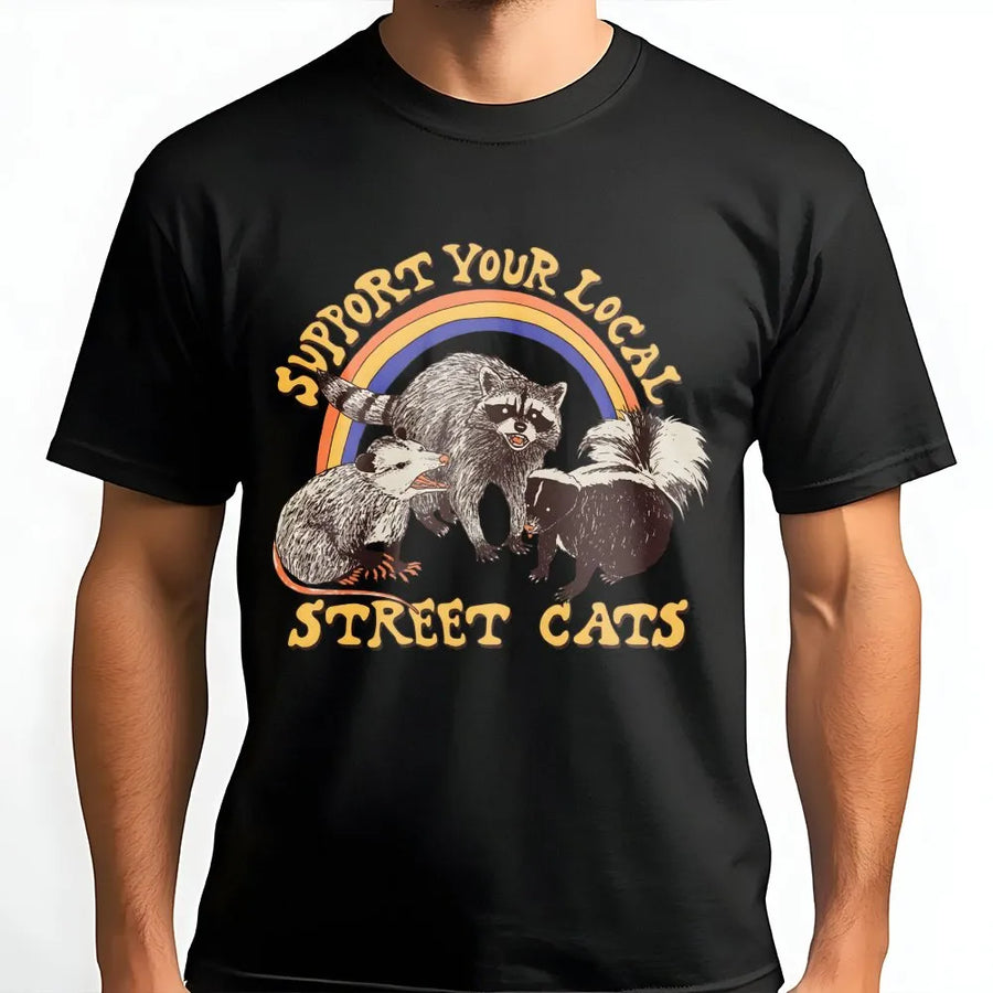 Support Your Local Street Cats T-Shirt | Retro Raccoon Opossum Skunk Graphic | Premium Cotton Unisex Tee | Funny Animal Lover Gift