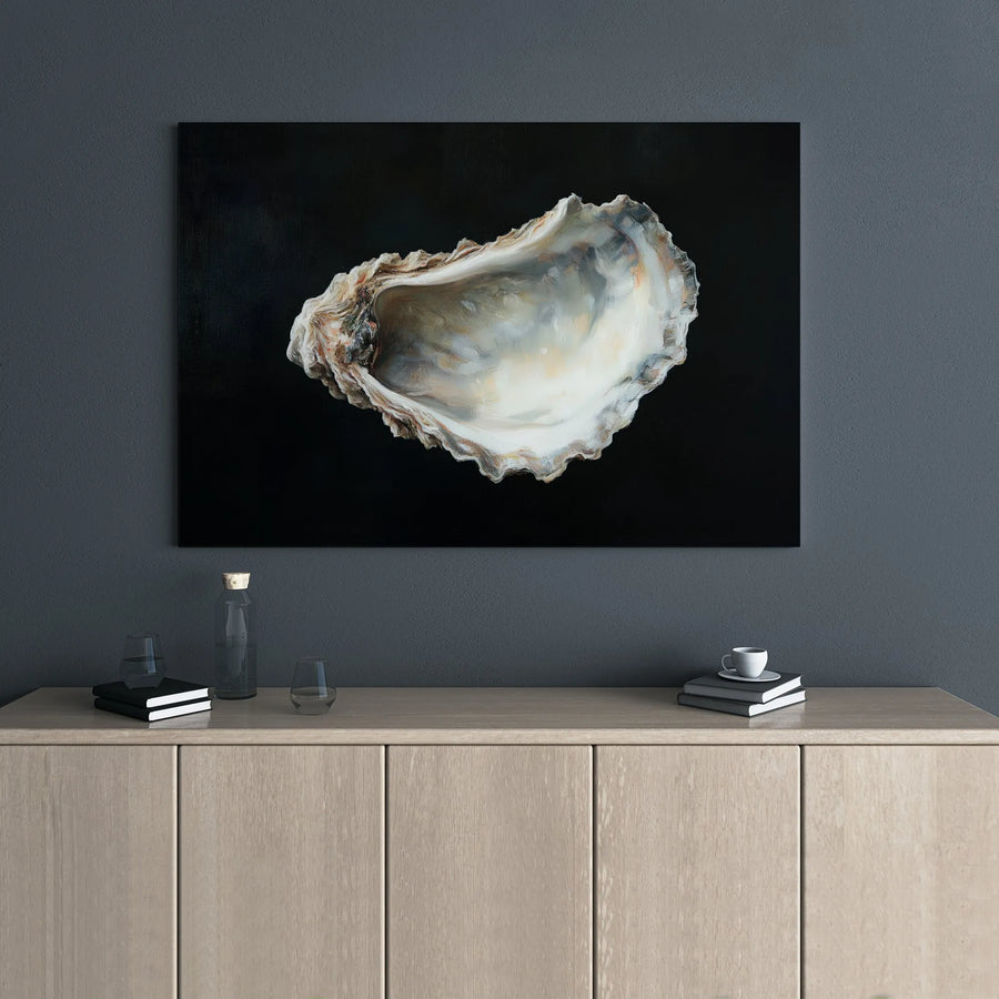 Oyster Shell Canvas Wall Art | Realistic Coastal Decor on Black Background | Premium Gallery Wrap Print | Modern Beach House Decor for Home