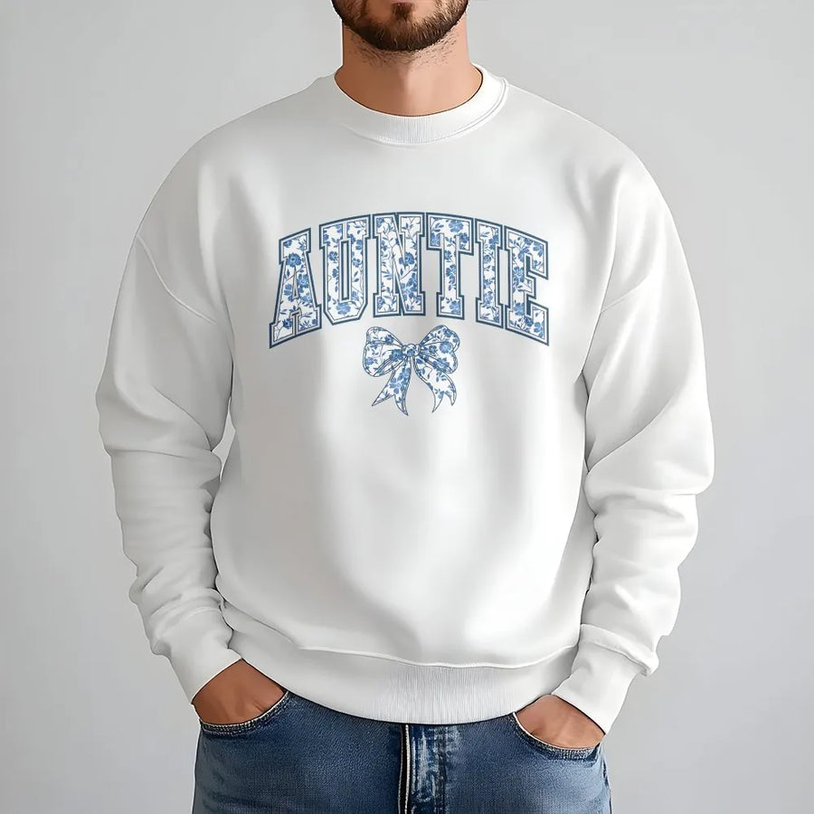Auntie Sweatshirt | Blue Floral Collegiate Graphic with Bow | Premium Cotton Blend | Gift for New Aunt, Pregnancy Announcement