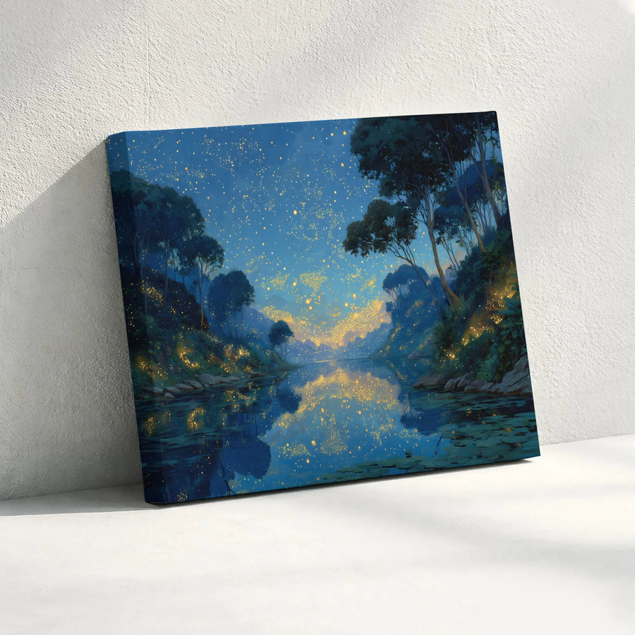 Enchanted Forest Canvas Wall Art | Glowing Firefly River Landscape | Premium Gallery-Wrapped Print | Whimsical Nature Decor for Home Office