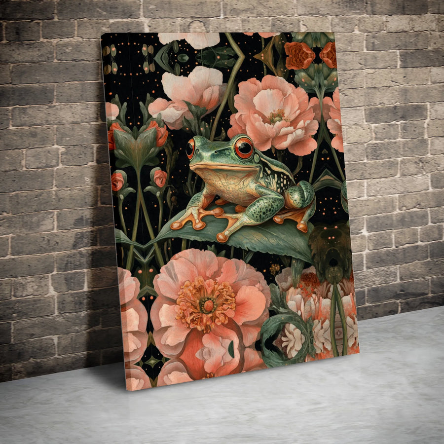 Red-Eyed Tree Frog Canvas Wall Art | Botanical Pink Peony Floral Print | Premium Gallery Wrapped 1.25" Decor | Nature Lover Living Room Gift