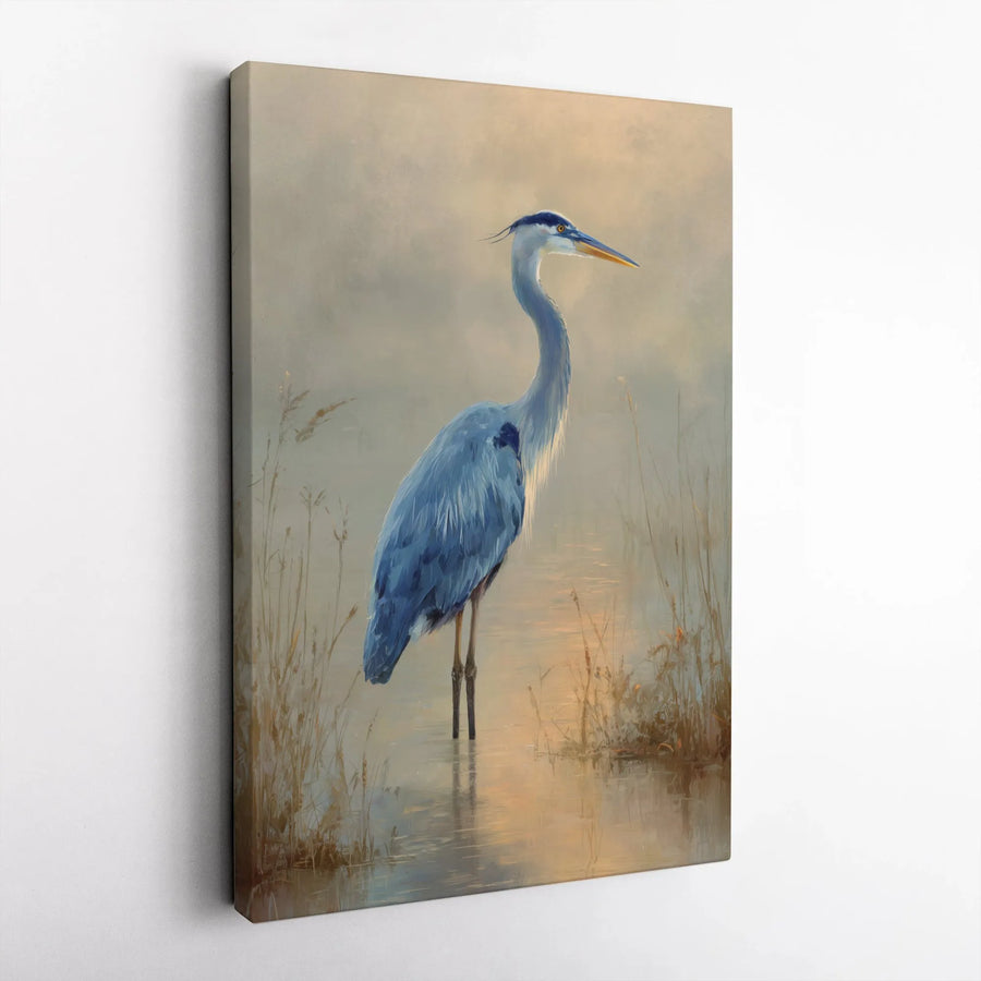 Great Blue Heron Canvas Wall Art | Moody Marsh Landscape Painting | Premium Gallery-Wrapped Print | Nature Lover Home Decor Gift