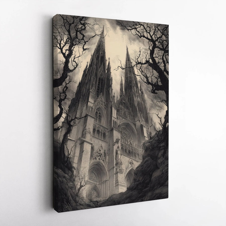 Gothic Cathedral Vertical Canvas | Vintage Engraving Style Art | Premium Unframed Wall Art | Dark Academia Home Decor Gift