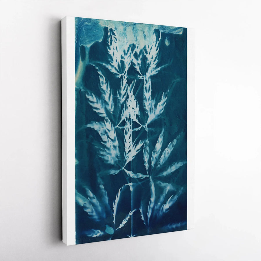 Cannabis Cyanotype Canvas Print | Blue Botanical Leaf Art | Premium Thick Gallery Wrap | Modern Stoner Room Decor Gift