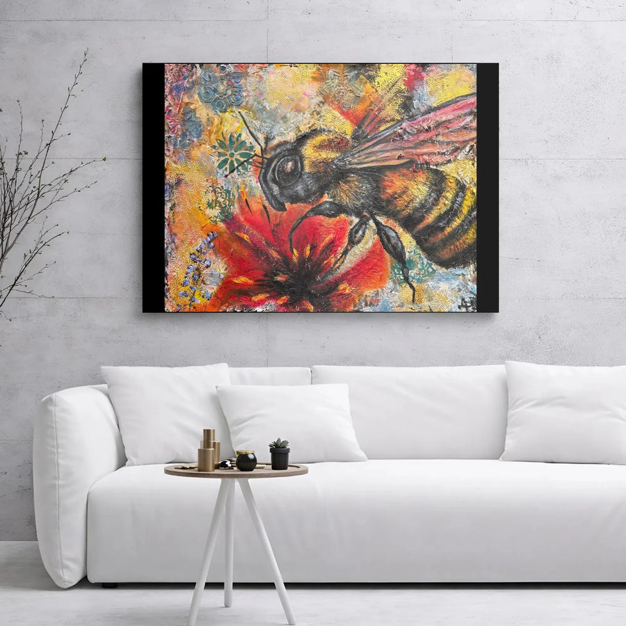 Bumblebee On Red Flower Canvas Print | Vibrant Textured Floral Wall Art | Premium 1.25-Inch Gallery Wrap | Nature-Inspired Home Decor Gift