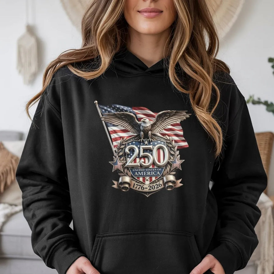 USA 250th Anniversary Hoodie | Patriotic Eagle American Flag Crest | Premium Cotton Blend | Gift for Veterans and Independence Day Patriots