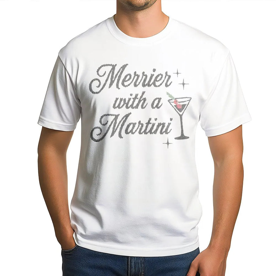 Merrier With A Martini T-Shirt | Retro Christmas Cocktail Graphic | Premium Soft Cotton Tee | Funny Holiday Drinking Gift For Women & Men