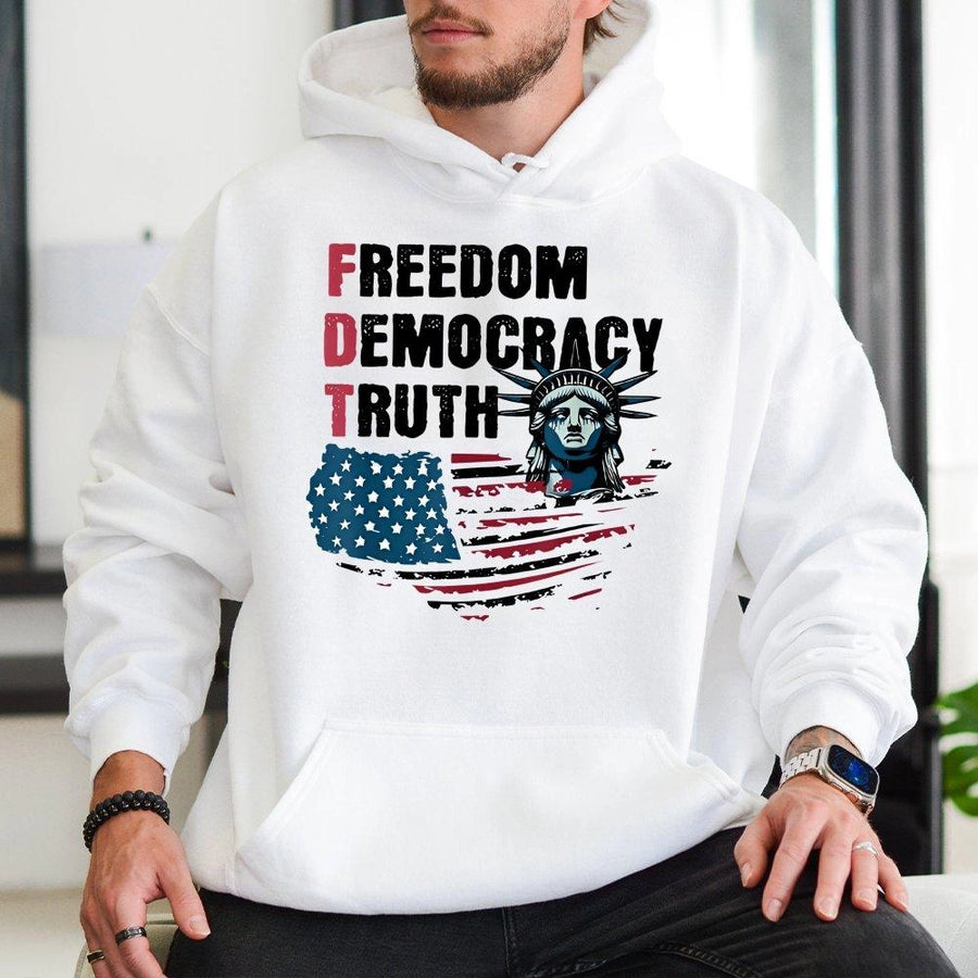 Freedom Democracy Truth Hoodie | American Flag Liberty Statue Graphic | Premium Cotton Blend | Patriotic Gift for Men and Women