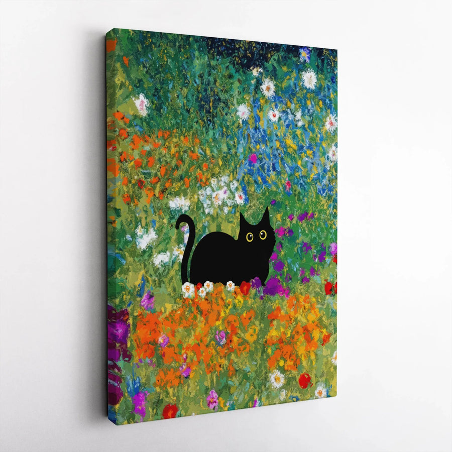 Black Cat Wall Art | Impressionist Flower Garden Canvas Print | 1.25" Gallery Wrapped Premium Quality | Whimsical Home Decor Gift for Cat Lovers