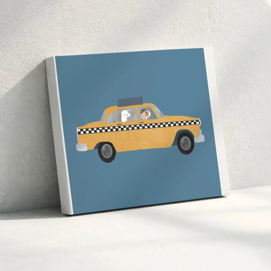 Dogs in Taxi Canvas Print | Whimsical NYC Yellow Cab Illustration | Premium Gallery Wrap Art | Gift for Dog Lover, Nursery Wall Decor