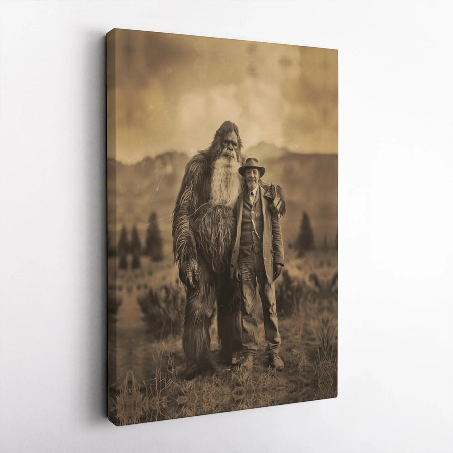 Bigfoot Wall Art Canvas | Vintage Sepia Photograph Print | Premium Gallery Wrap Decor | Unique Sasquatch Gift for Cryptid Lovers