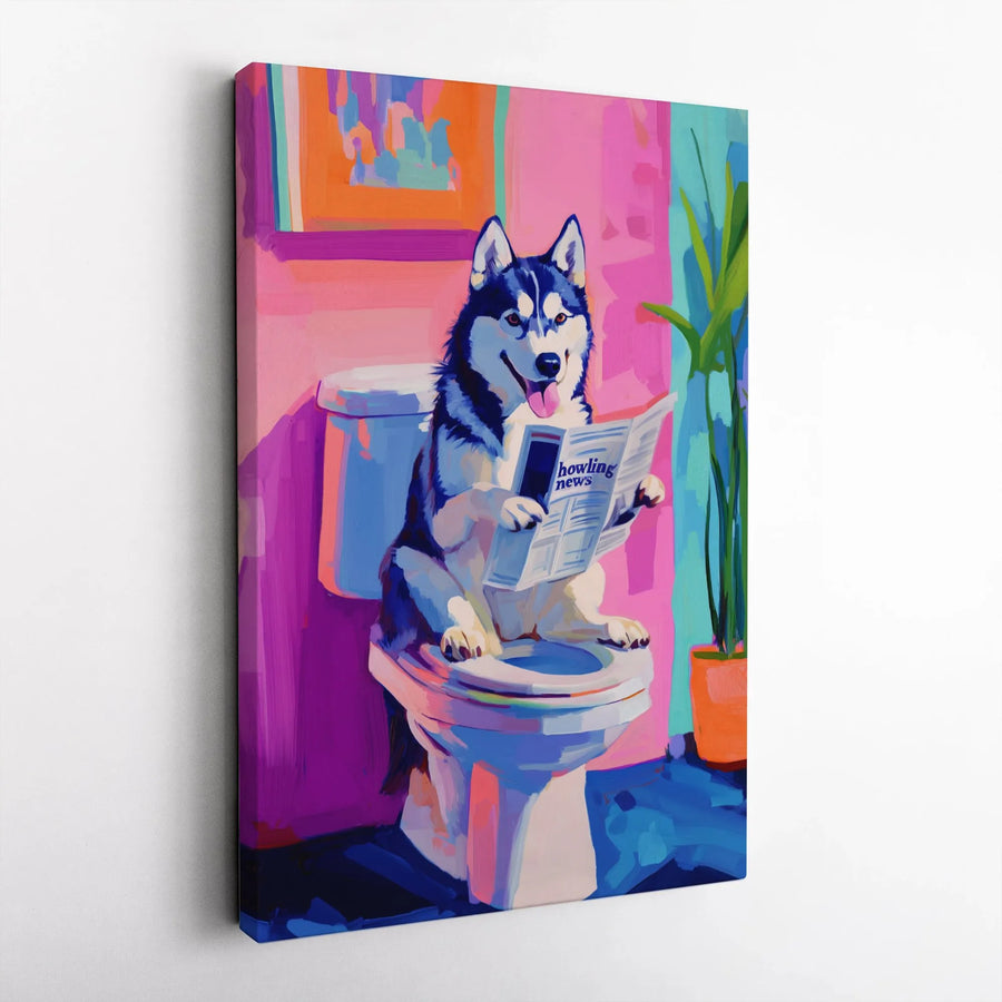 Siberian Husky Toilet Canvas Print | Funny Dog Reading Newspaper Wall Art | Pop Art Animal Decor | Bathroom Humor Gift for Dog Lovers