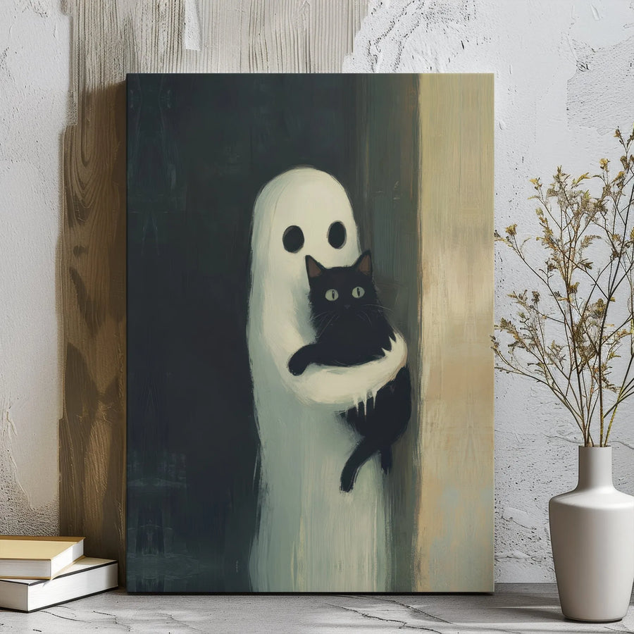 Ghost Holding Black Cat Canvas Art | Whimsical Spooky Home Decor | Premium Gallery Wrapped Print | Cute Halloween Wall Art Gift